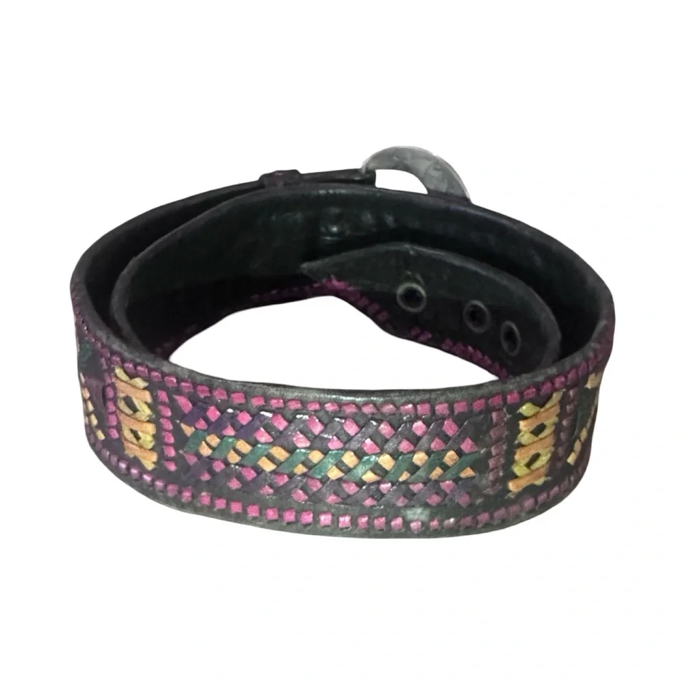 Western Boho Handmade Leather Belt Black Multicolor Woven design Size 34.75x1.45